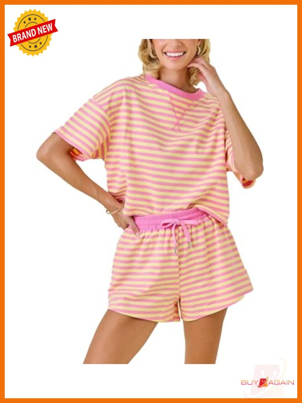 Women's Cotton Spandex Striped Two Piece Set Short Sleeve Top High Waisted